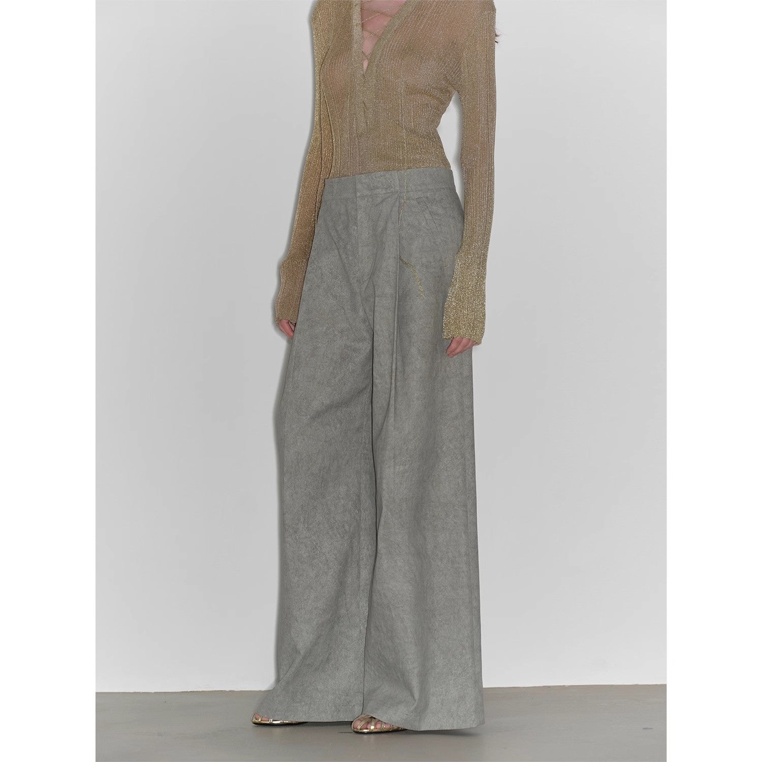 "Light and Shadow Walking" Retro Fashionable Dirty Printed Reverse-Fold Mid-Low-Waist Double-pleat Straight-leg Wide-Leg Casual Pants-2