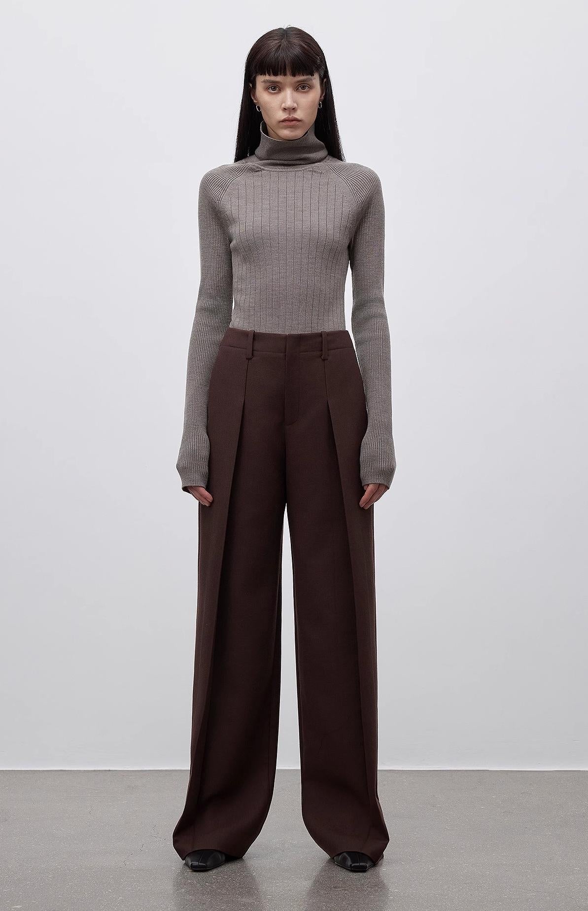 Imported wool pleated high-waisted straight-leg all-match slimming suit trousers for women-0