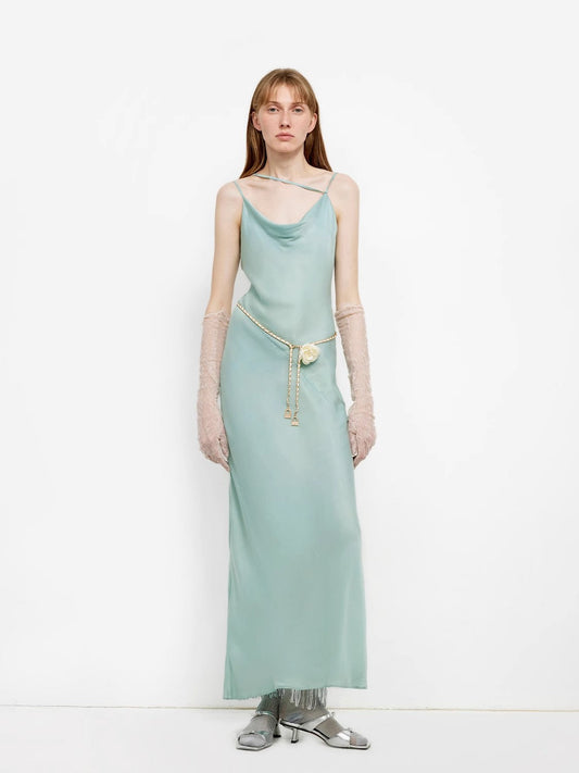 Glossy copper-ammonia silk satin light luxury swing collar slim fishtail suspender dress "Island Riddle"-0
