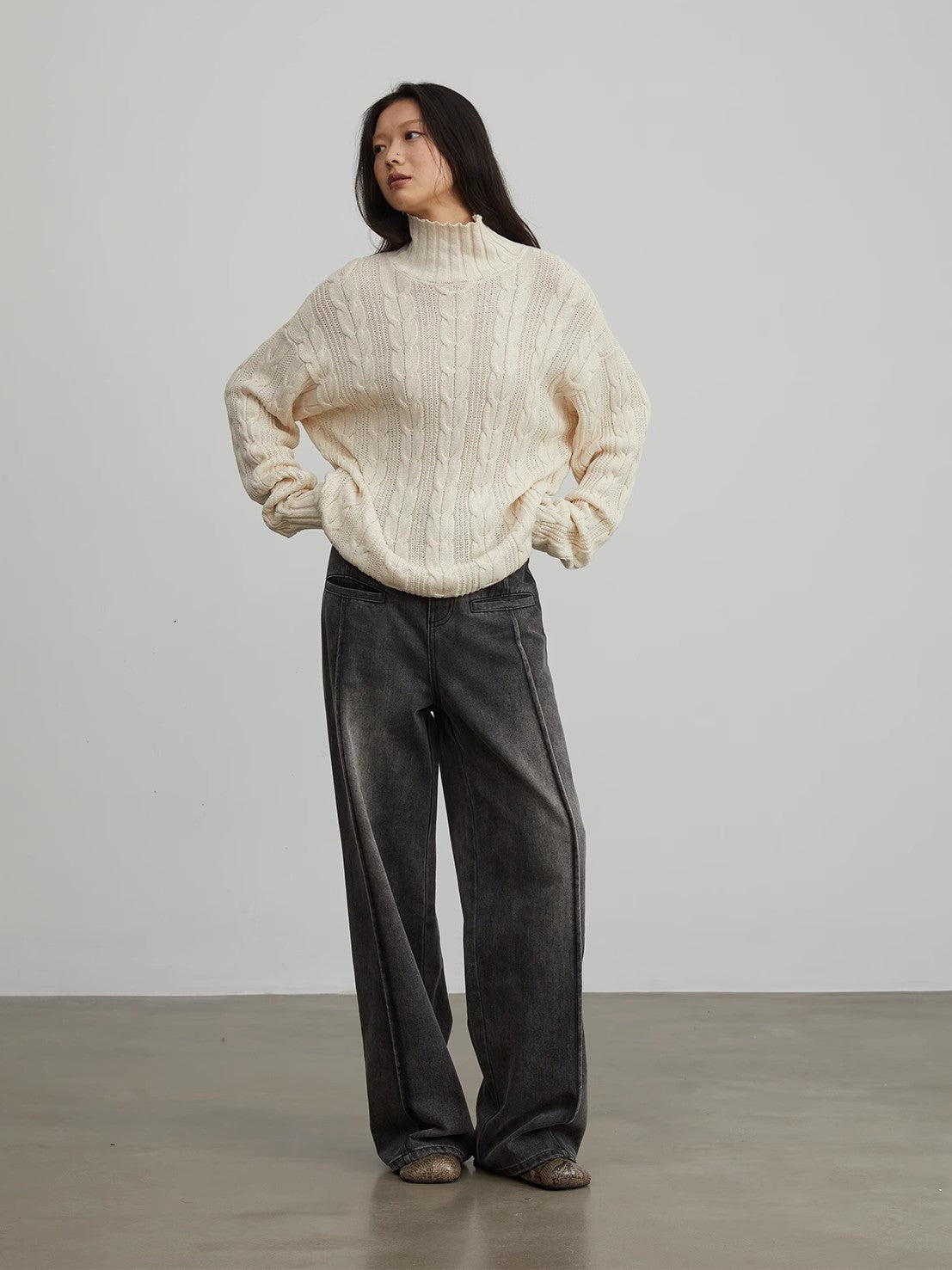 Warm family Jacquard Loose Straight Turtleneck Knit Sweater-3