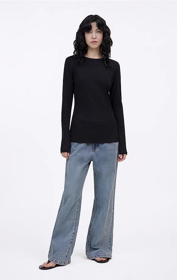 Round neck deconstructed long sleeve T-shirt for women Slim fit and versatile top-1