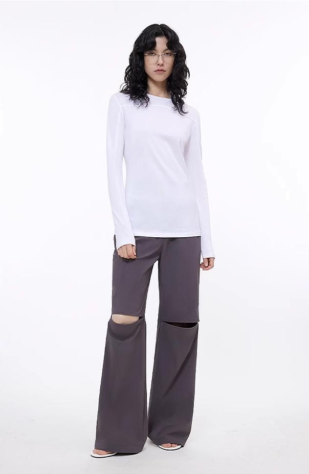 Round neck deconstructed long sleeve T-shirt for women Slim fit and versatile top-0