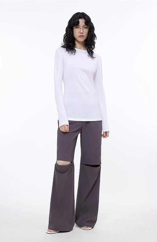 Round neck deconstructed long sleeve T-shirt for women Slim fit and versatile top-0