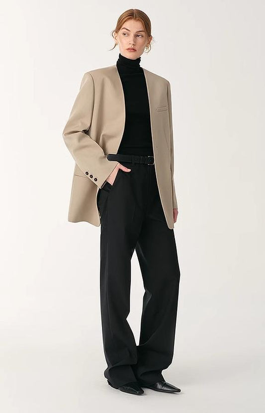 Australian Merino Wool Classic Simple Collarless Deep V-Neck Suit-0