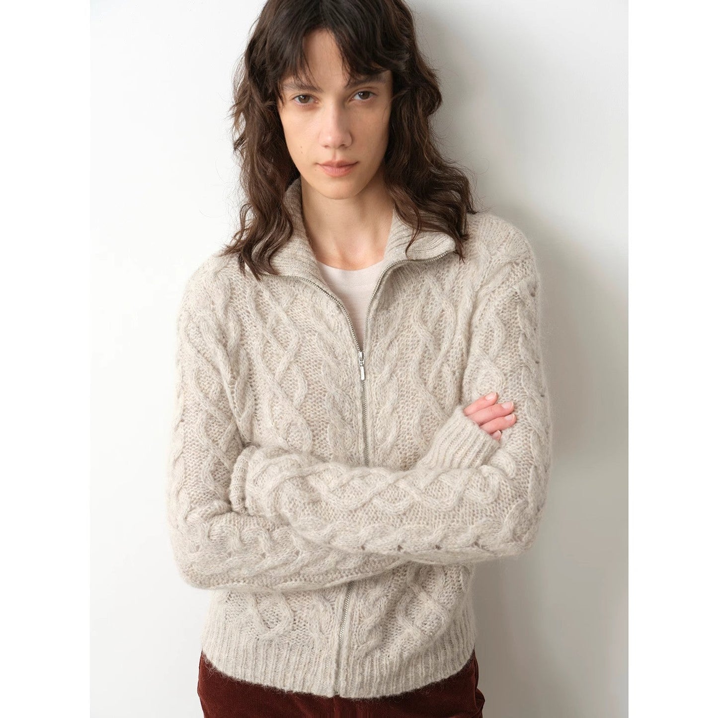 "Romantic Cable" vintage warm flower basic mohair wool cable blend zipper knitted cardigan-1