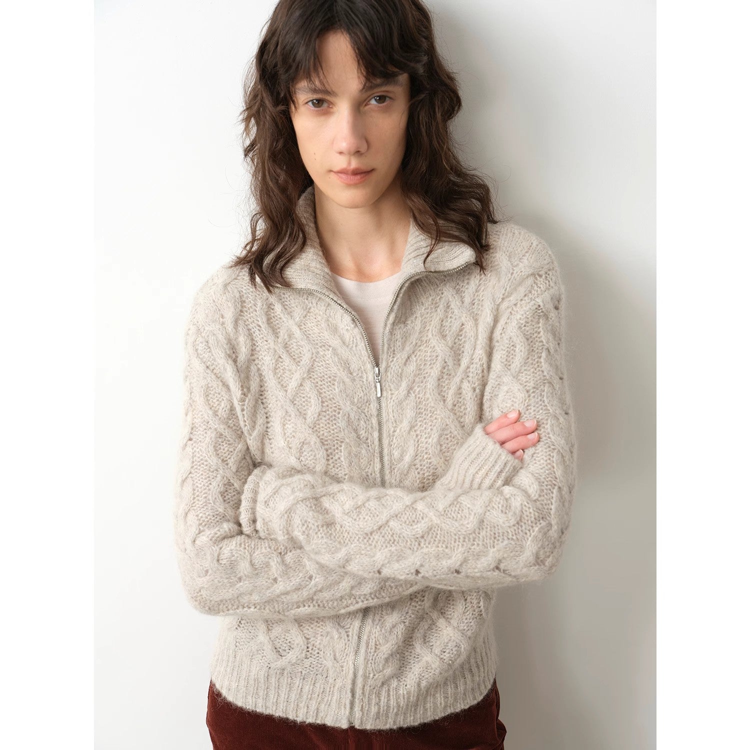 "Romantic Cable" vintage warm flower basic mohair wool cable blend zipper knitted cardigan-1