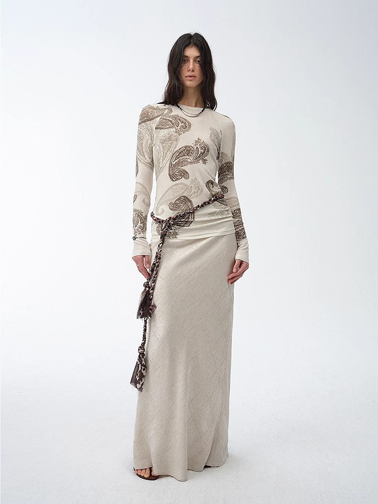 Tencel wool original cashew print round neck slim long sleeve and skirt"Vintage Gene"-0