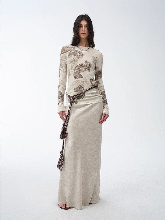 Tencel wool original cashew print round neck slim long sleeve and skirt"Vintage Gene"-0