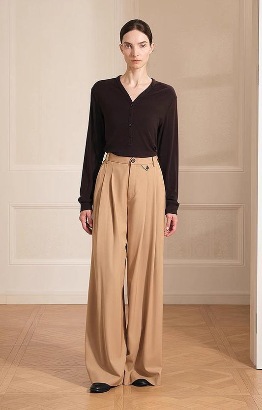 Merino wool blended double pleated wide-leg pants for women, versatile, drapey and comfortable casual trousers-0