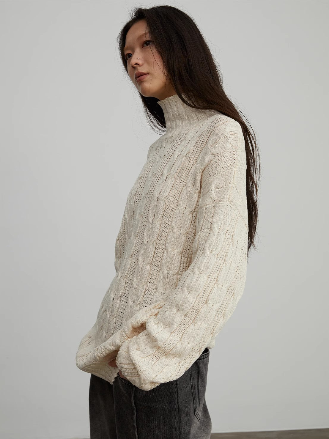 Warm family Jacquard Loose Straight Turtleneck Knit Sweater-4