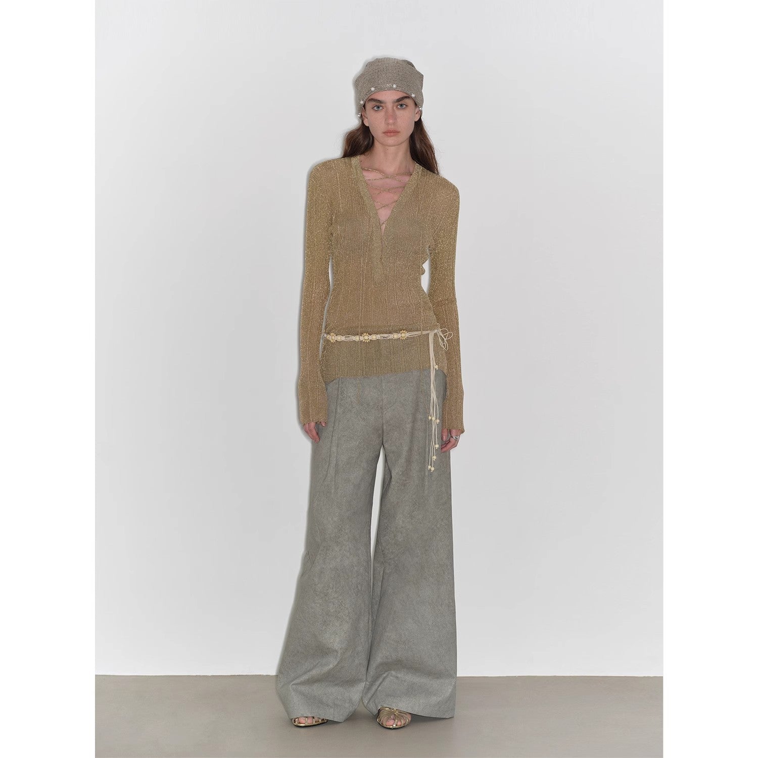 "Light and Shadow Walking" Retro Fashionable Dirty Printed Reverse-Fold Mid-Low-Waist Double-pleat Straight-leg Wide-Leg Casual Pants-3