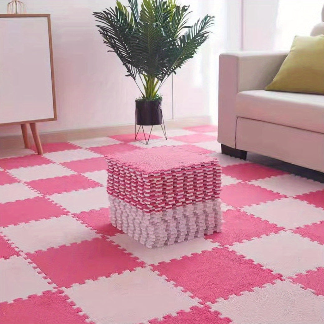 12pcs, Foam Puzzle Floor Mat Rug, Cute Pink Puzzle Floor Mat Interlocking Fluffy Flooring Tiles Soft Climbing Area Rugs Plush Interlocking Carpet Tiles For Home Playroom Bedroom Decor, Bedroom Accessories, Removable And Washa