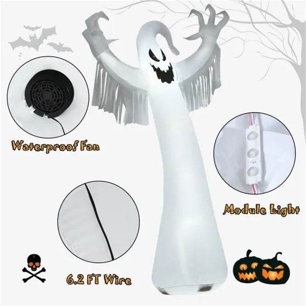 Spooky Halloween Inflatable Ghost - 12 Ft Tall With LED Lights, Waterproof Fabric, Spikes Ropes For Stability, White
