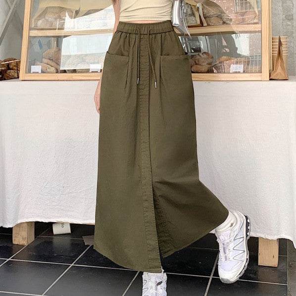 Women's front slit Washed Cotton Midi Cargo Skirt
