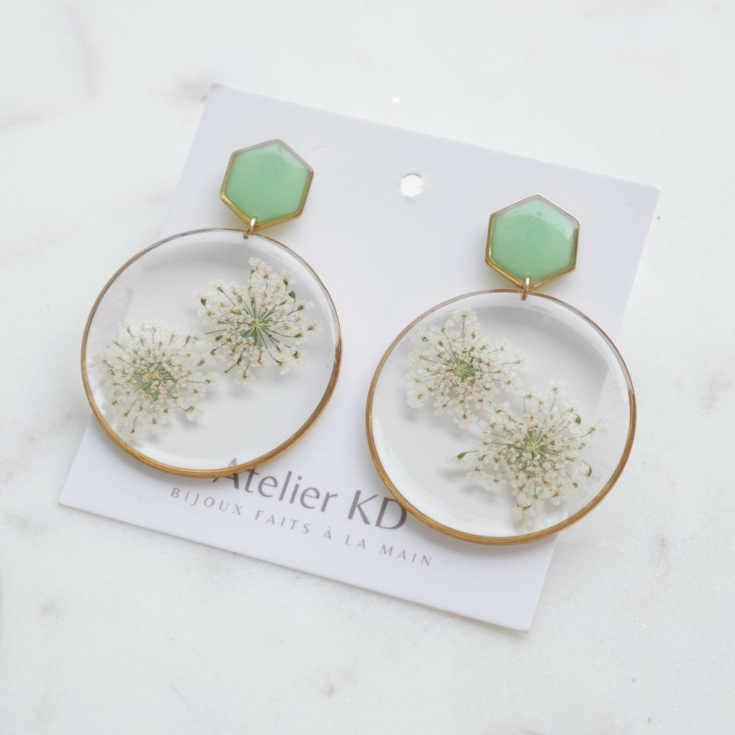 Boucles d'oreilles duo Estelle blanche et vert - rond (40mm)