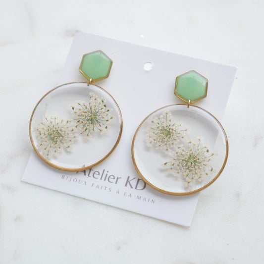 Boucles d'oreilles duo Estelle blanche et vert - rond (40mm)
