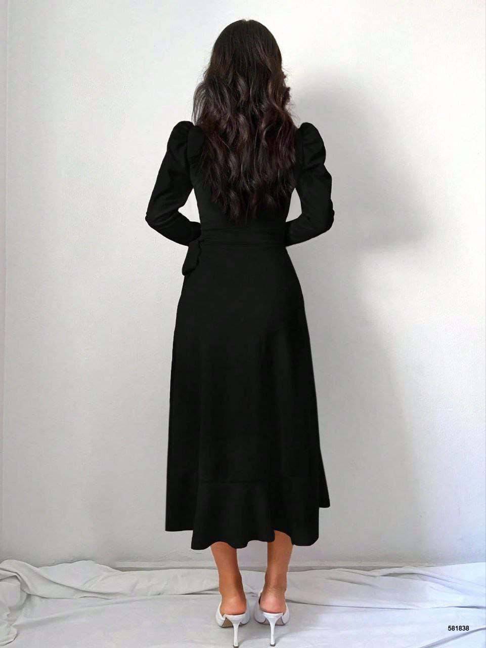 Ruffle Midi Long Sleeve Dress - Black