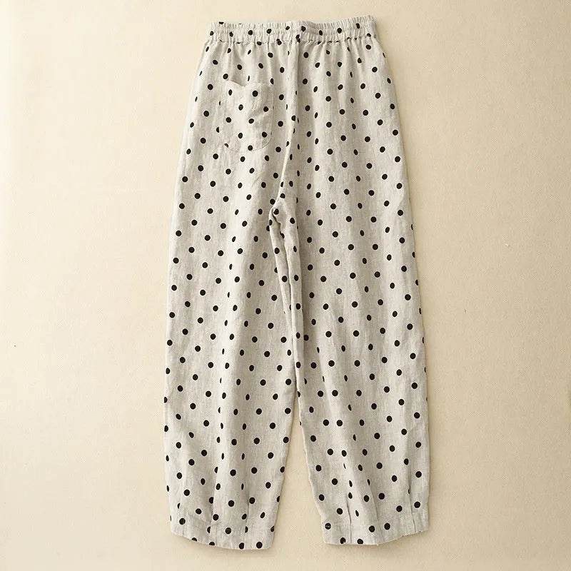 Cotton Hemp Polka Dots Tied Elastic Waist Harem wide leg trouser Pants For Women