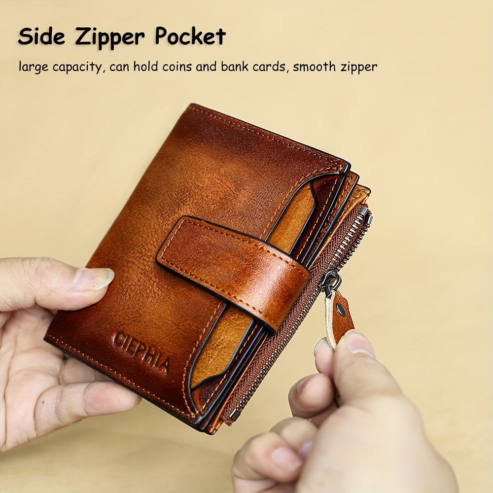 1pc CIEPHIA Men's Genuine Leather Wallet Vintage RFID Blocking Anti-Theft Billfold with Adjustable Strap, 17 Card Slots, ID Window, Coin Pocket & Zipper Closure - Deep Brown, Valentine's Day Gift for Men, Perfect for Thanksgi