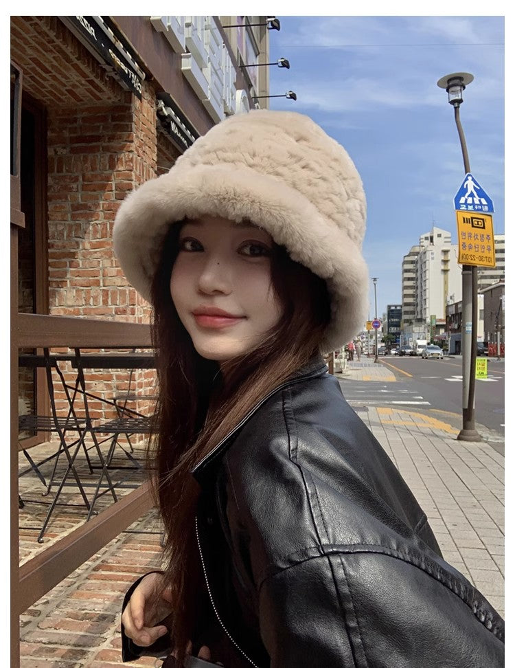 Rex rabbit fur hand-knitted bucket hat-3