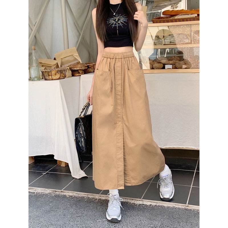 Women's front slit Washed Cotton Midi Cargo Skirt