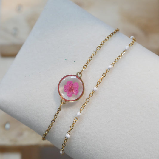 Bracelet Sofia double - fuschia et chaine blanche