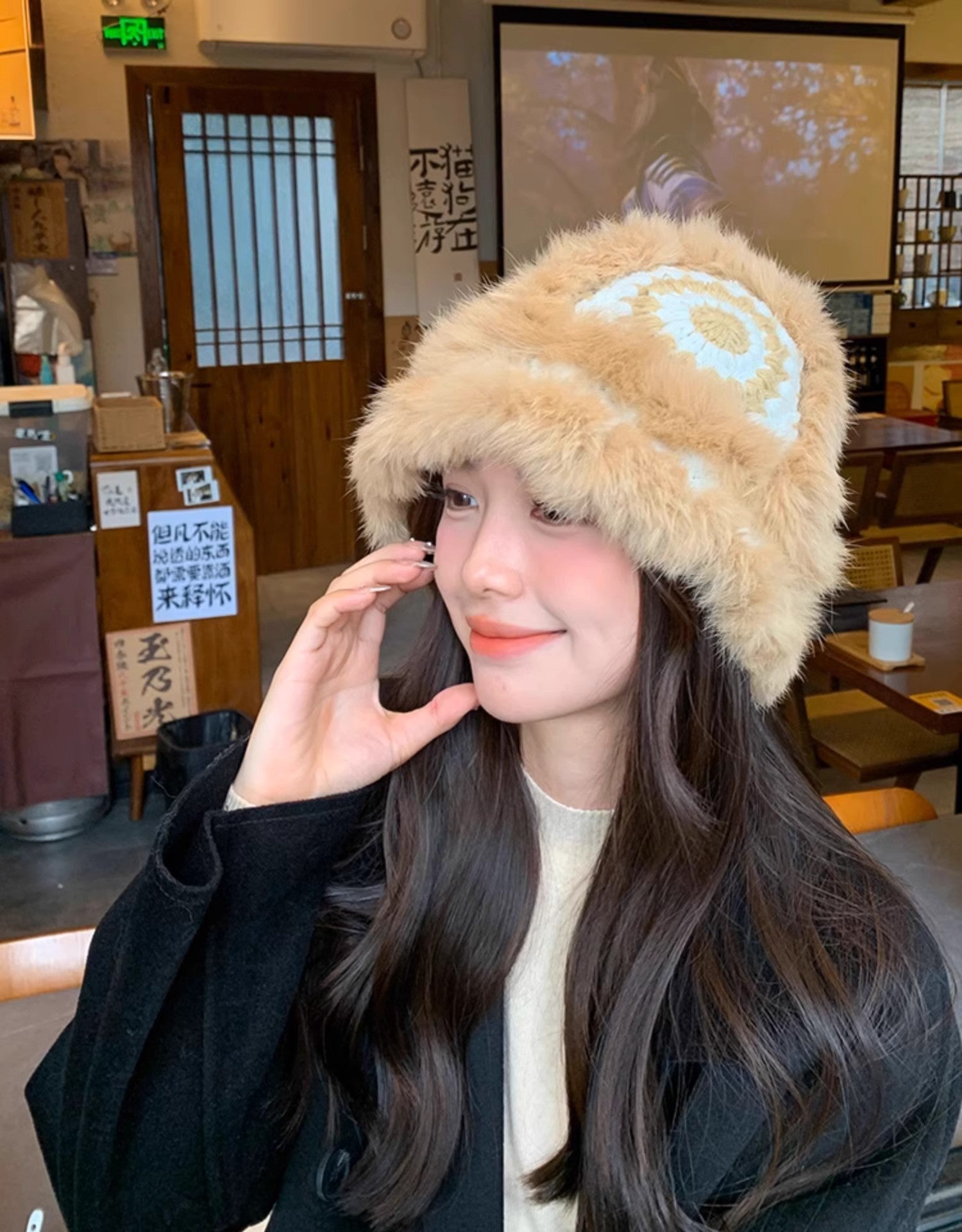 Ethnic festive rabbit fur knitted plush hat-4