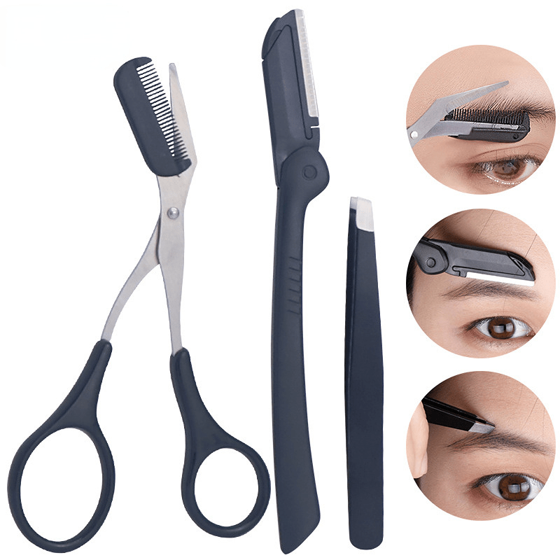 3pcs Eyebrow Trimming Tools, Stainless Steel Eyebrow Tweezer Eyebrow Scissors With Comb Eyebrow Razor