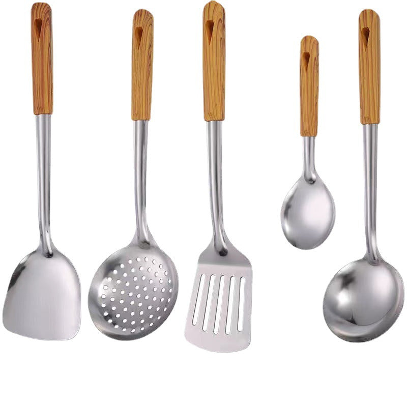 1pc Kitchen Stainless Steel Cooking Utensils With Wooden Handle, Spatulas, Rice Soup, Spoon, Frying Shovel, Colanders, Kitchen Cookware