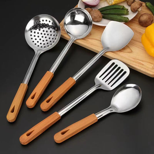 1pc Kitchen Stainless Steel Cooking Utensils With Wooden Handle, Spatulas, Rice Soup, Spoon, Frying Shovel, Colanders, Kitchen Cookware