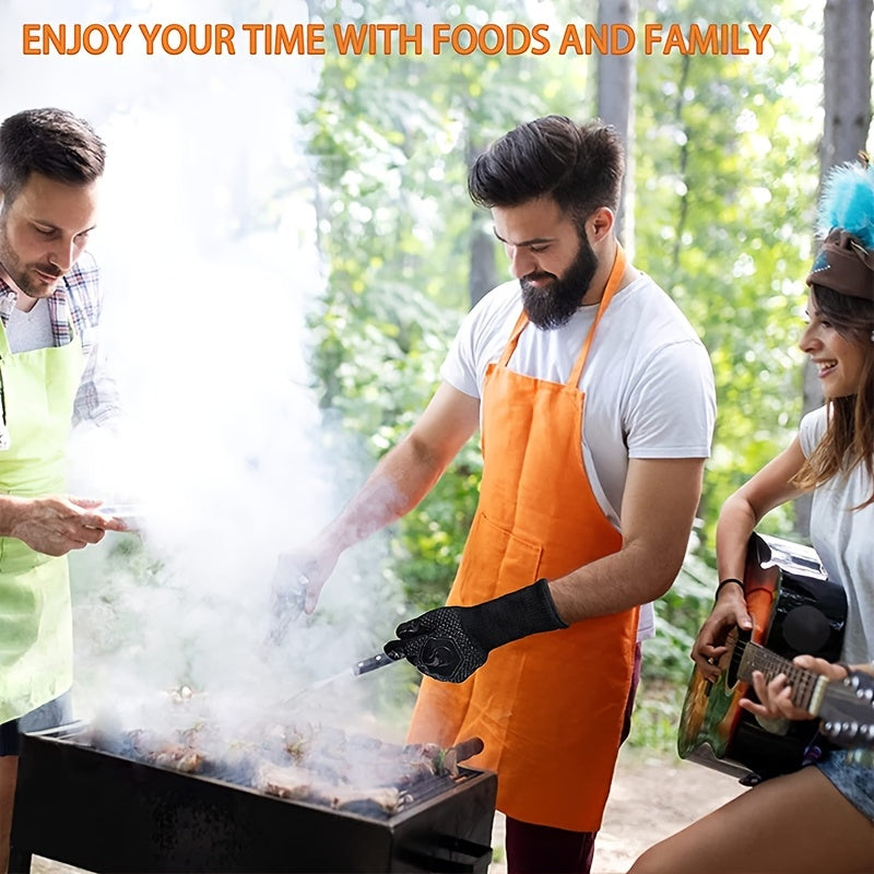 1 Pair BBQ Grill Gloves, Resistant Gloves Heat Resistant Fireproof Gloves, Washable Non-Slip Silicone Oven Gloves, Kitchen Safe Cooking Gloves For Oven Mitts, Barbecue, Cooking, Frying, 12.6inch