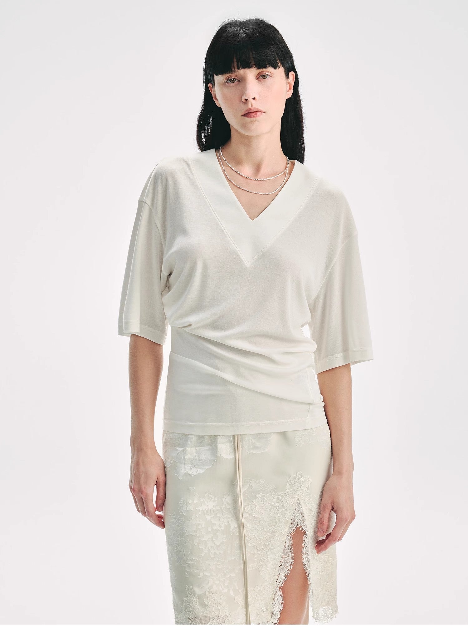 Silk Tencel blended pleated V-neck loose dropped shoulder T-shirt"Inspiration Bag"-1