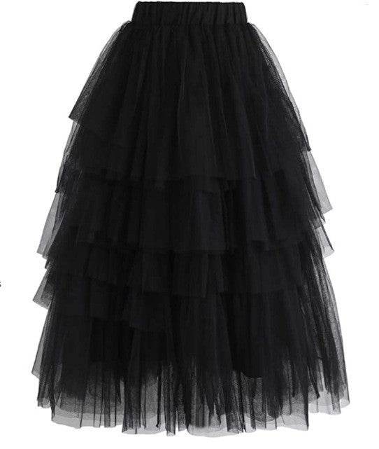 Summer Long Wave Ruffle Layered Ruched High Waist Midi tulle Skirt
