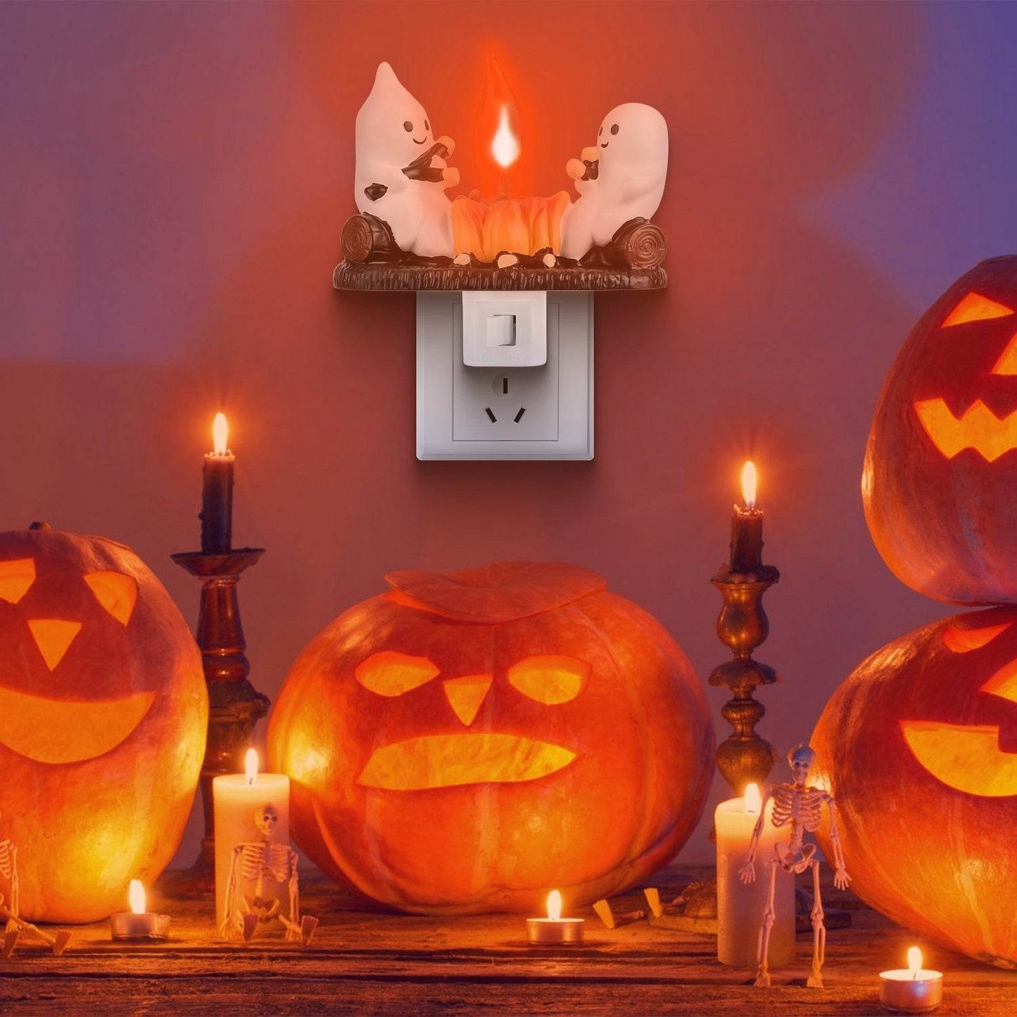2Pcs Ghost Campfire Flickering Flame Night Light Indoor 3D Funny Halloween Nightlight Decoration Bedroom Night Light Halloween Decoration Gift For Friend Family