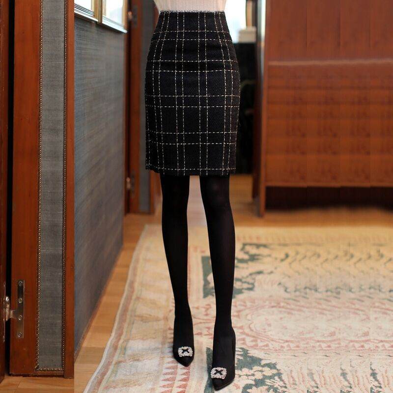 High Waist Black Plaid Sheath A- Line Slimming Woolen Mini Sheath Skirt