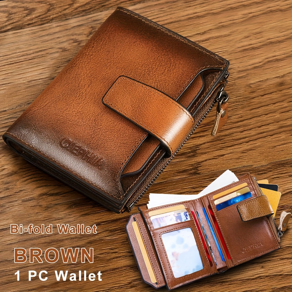 1pc CIEPHIA Men's Genuine Leather Wallet Vintage RFID Blocking Anti-Theft Billfold with Adjustable Strap, 17 Card Slots, ID Window, Coin Pocket & Zipper Closure - Deep Brown, Valentine's Day Gift for Men, Perfect for Thanksgi