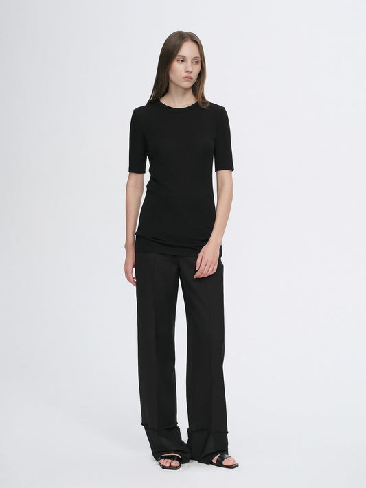 Fitted waist slimming round neck Tencel cashmere versatile short-sleeved T-shirt-0