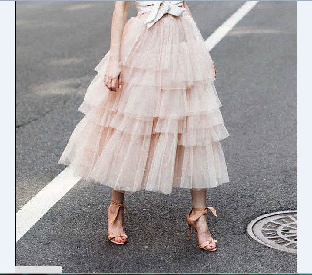 Summer Long Wave Ruffle Layered Ruched High Waist Midi tulle Skirt