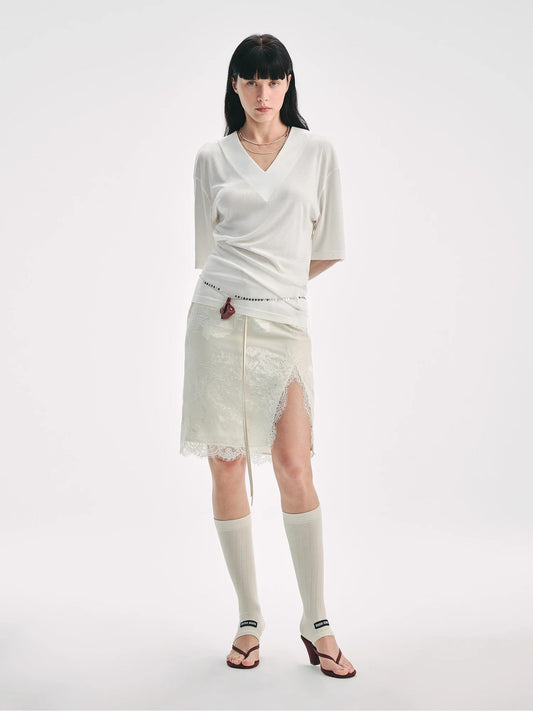 Silk Tencel blended pleated V-neck loose dropped shoulder T-shirt"Inspiration Bag"-0