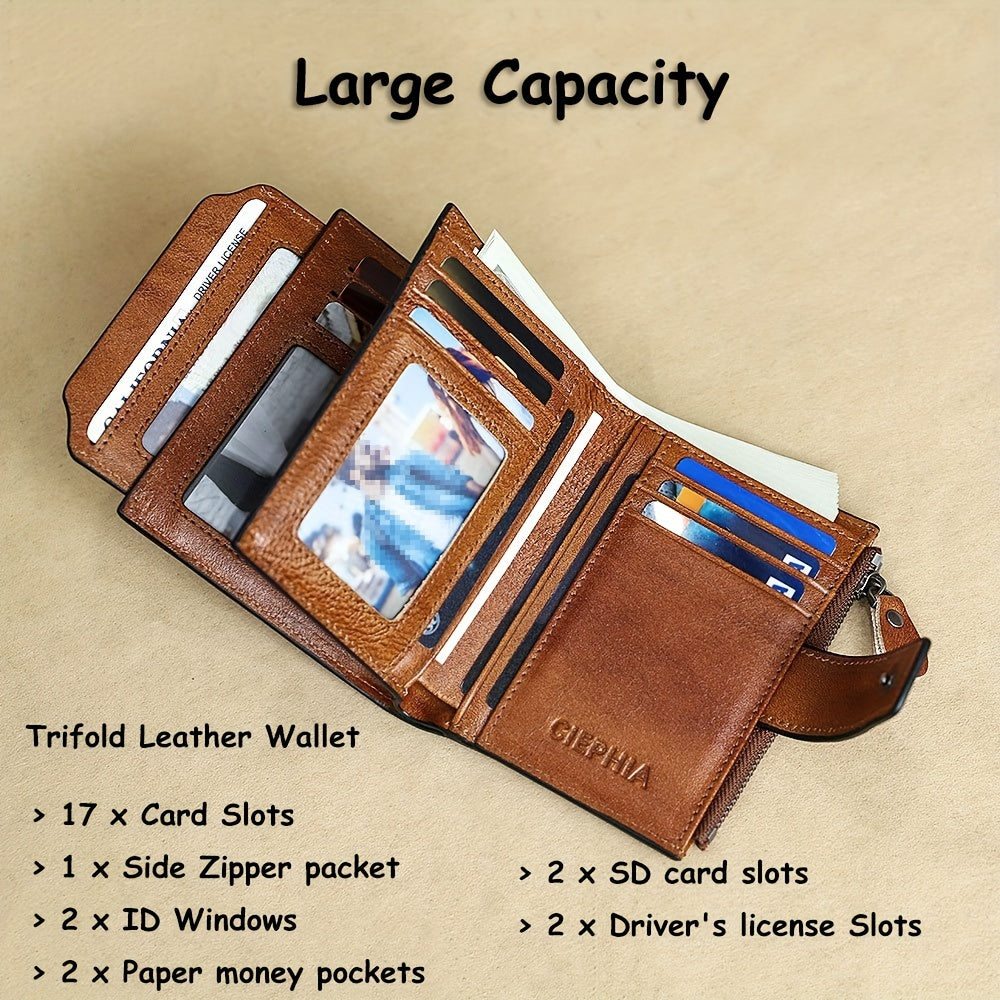 1pc CIEPHIA Men's Genuine Leather Wallet Vintage RFID Blocking Anti-Theft Billfold with Adjustable Strap, 17 Card Slots, ID Window, Coin Pocket & Zipper Closure - Deep Brown, Valentine's Day Gift for Men, Perfect for Thanksgi