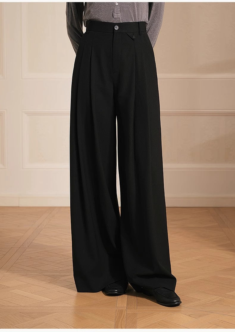 Merino wool blended double pleated wide-leg pants for women, versatile, drapey and comfortable casual trousers-4
