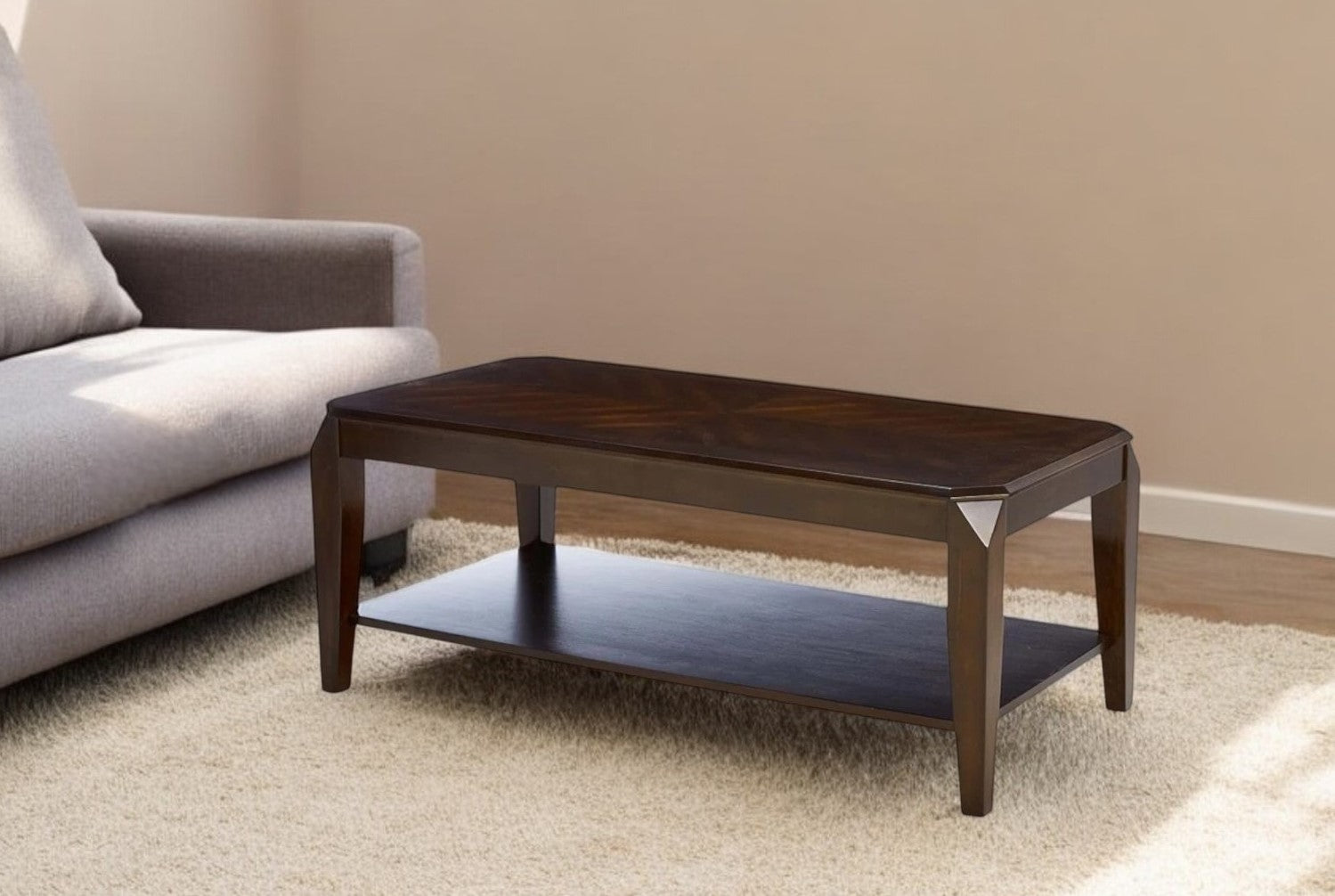Dark Brown Solid Wood Coffee Table With Shelf-1