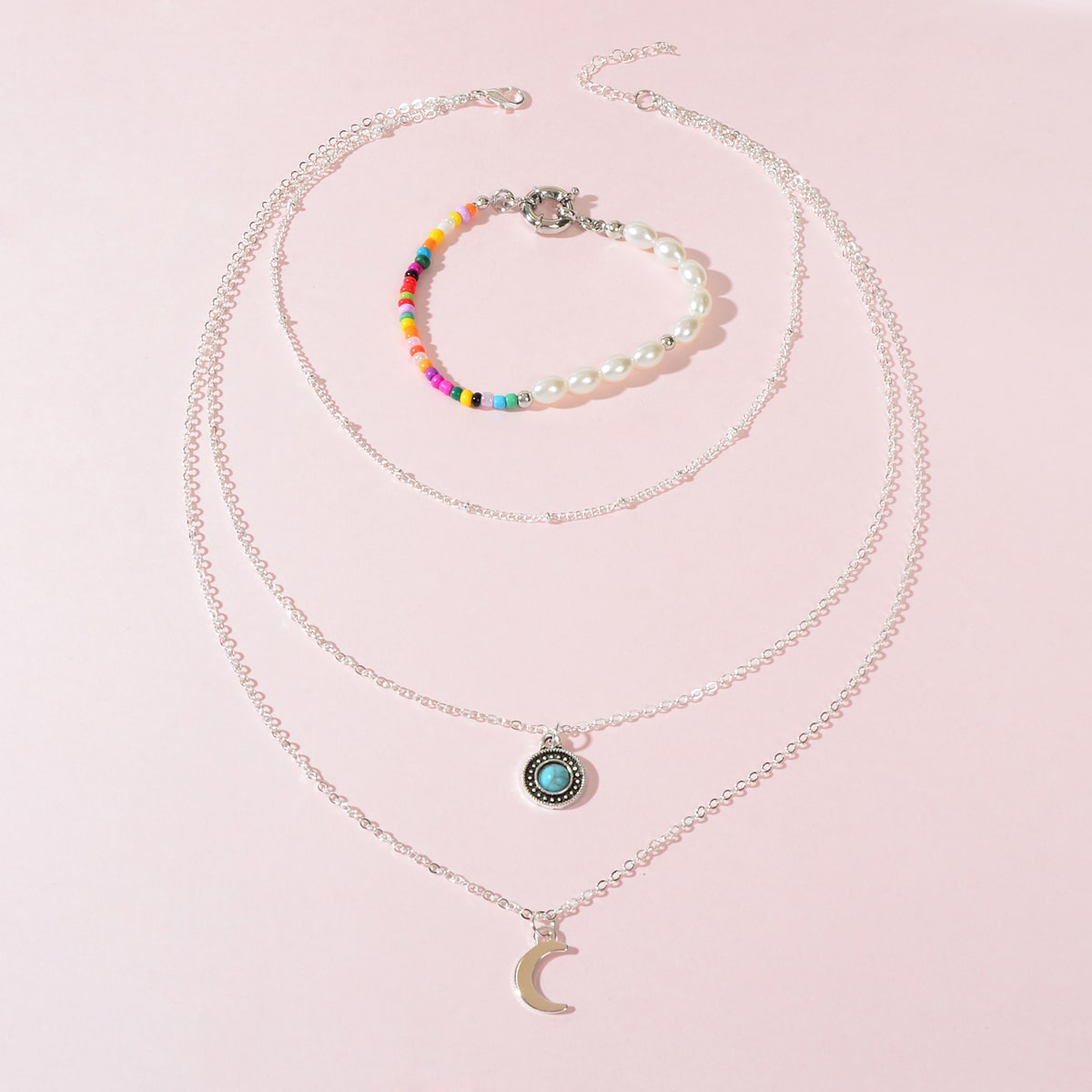 Stylish Silver Multi-Layer Necklace Colourful Beads Bracelet Set Vintage Jewelry-1