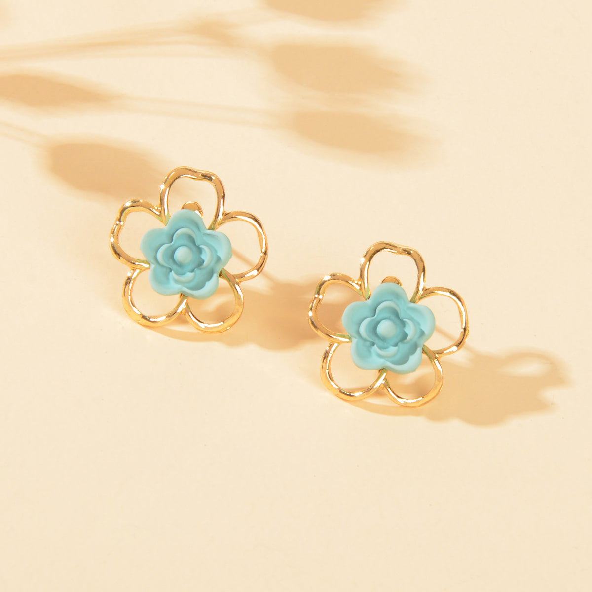 Delicate Blue Resin Flower Gold Hollow Hypoallergenic Stud Dainty Earrings Gift-0