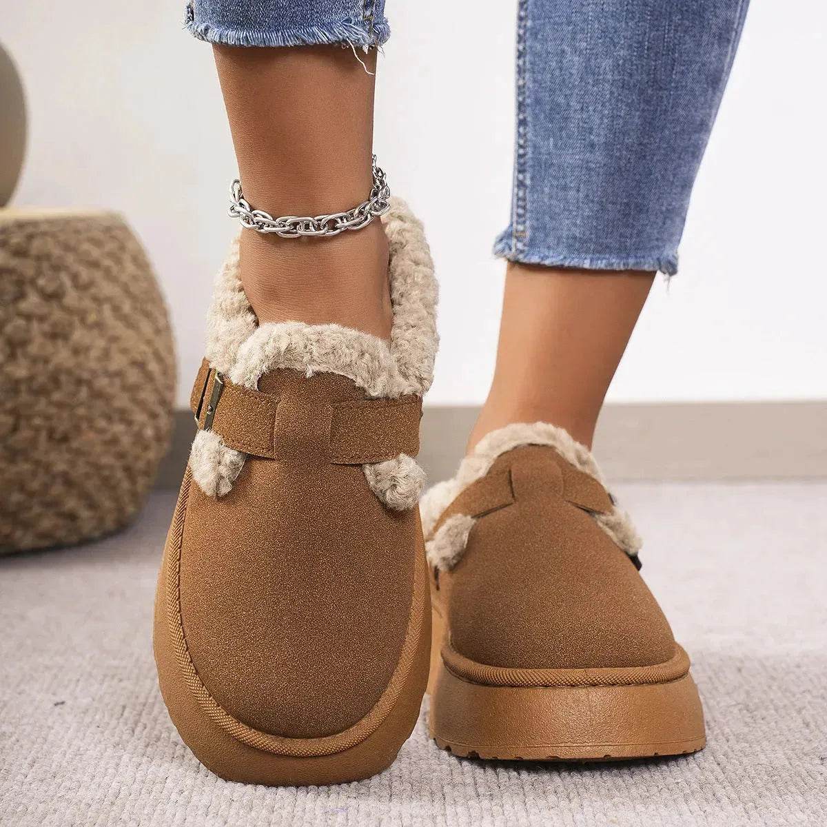 Fashion Thick-soled Plush Buckle Cotton Home platform Winter Slippers Indoor And Outdoor Casual Warm Women Garden Slipper
