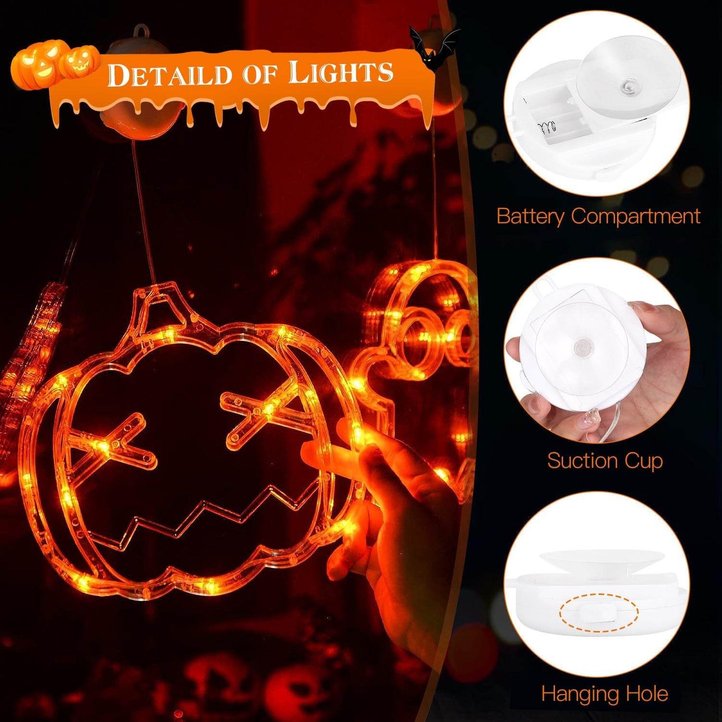 Set Of 3 Pack Halloween Window Light Spider Witch Hat Pumpkin With Orange Light Hanging Halloween Decoration Light With Suction Cup Hanging Holes