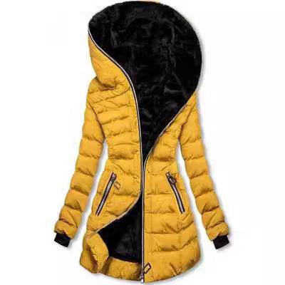 Hooded Warm Fleece Padded Jacket Mid-length Jacket Black Padded Jacket