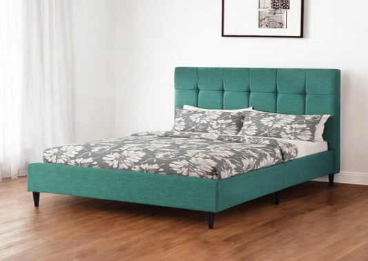 Turquoise Tufted Fabric Upholstered Queen Bed Frame-0