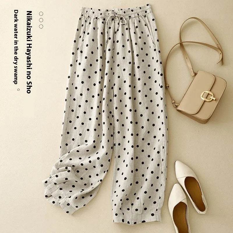 Cotton Hemp Polka Dots Tied Elastic Waist Harem wide leg trouser Pants For Women