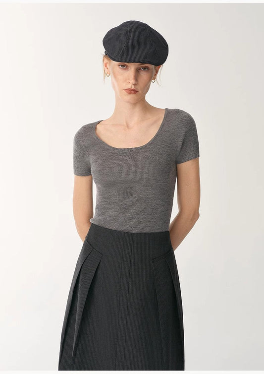 German Yangtze machine washable wool round neck slim short sleeve top for women-0